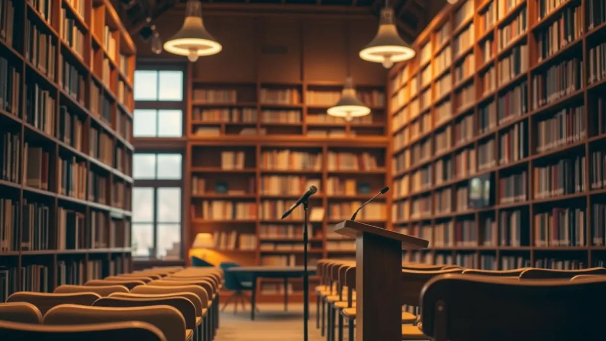 Generic image of a library interior with wooden bookshelves and a podium with a microphone, lit with warm light.