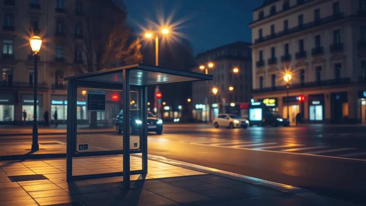 Generic image of an empty bus stop at night in a European city.