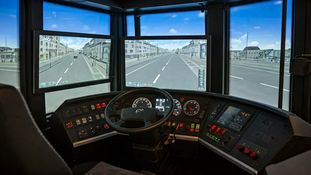 Generic image of a bus driving simulator with screens displaying a virtual city.