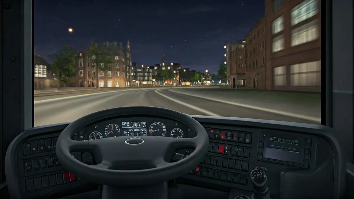 Generic image of a bus driving simulator, showing the cabin interior with the steering wheel and dashboard.
