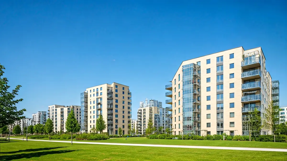 Image of modern residential buildings in a renovated urban environment.