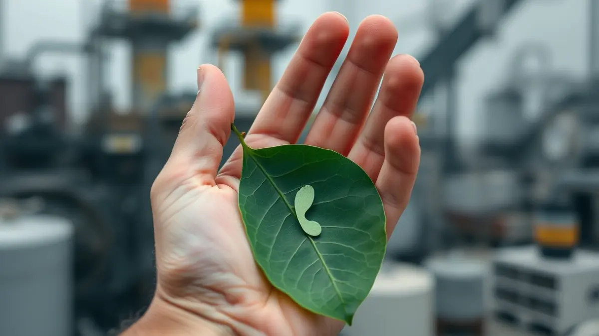 Generic image of a hand holding a green leaf with a carbon footprint symbol, representing sustainability.