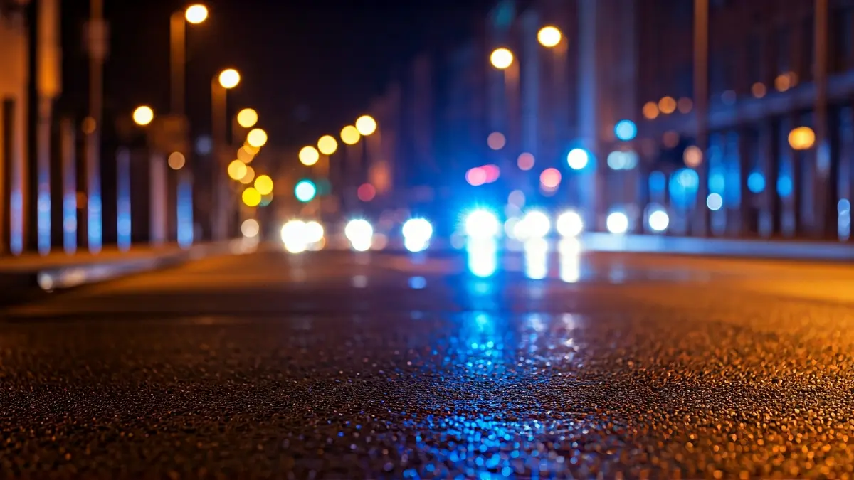 Generic image of emergency lights reflecting on wet asphalt.