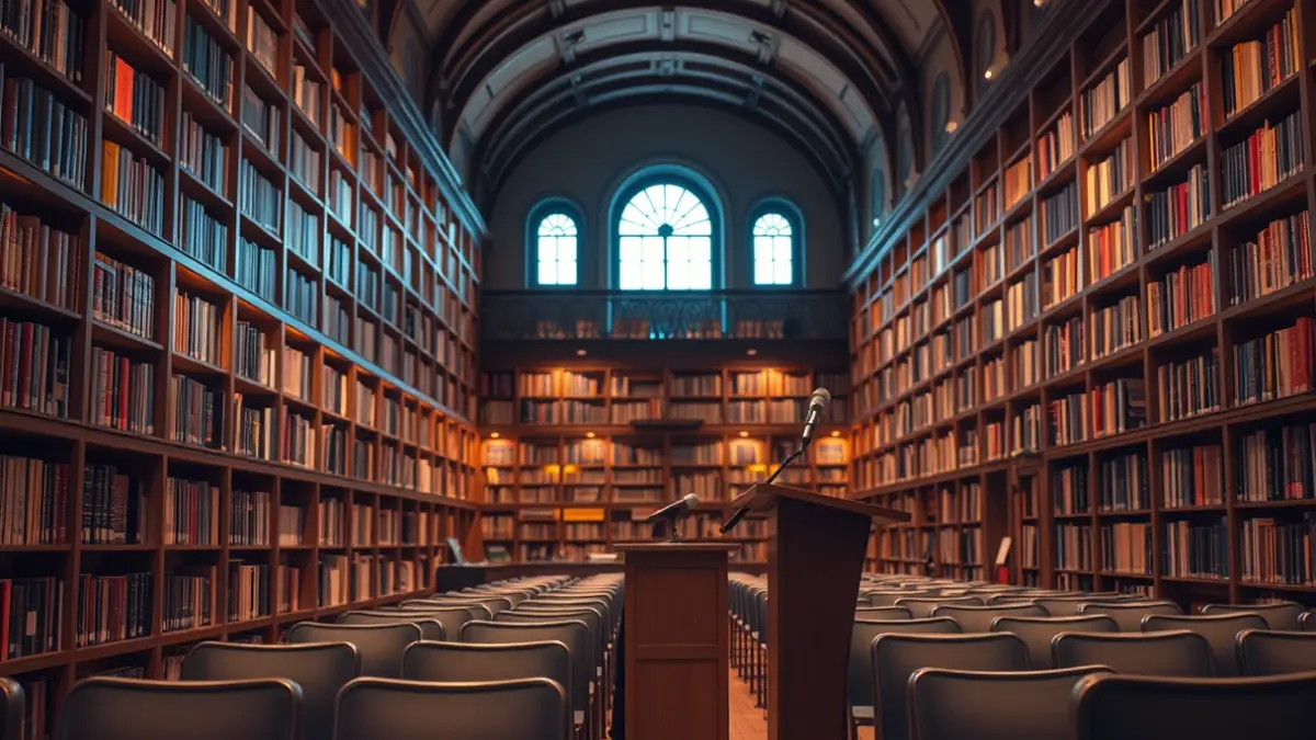Generic image of a library interior with a podium and chairs, warmly lit.