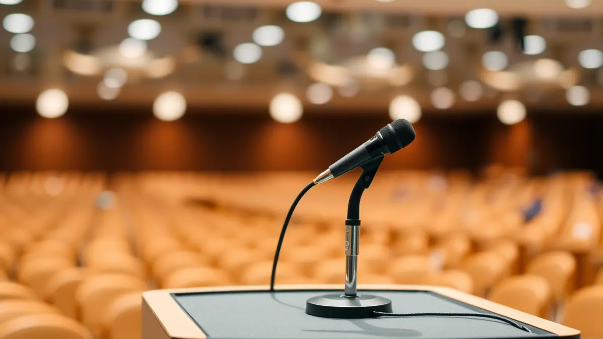Generic image of a microphone on a podium, symbolizing a debate or conference.