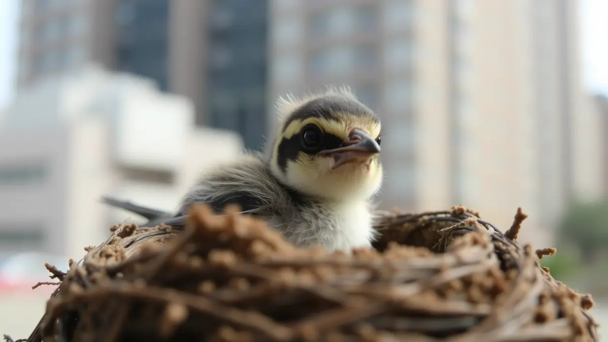 Swift chick in an urban nest, with buildings in the background.
