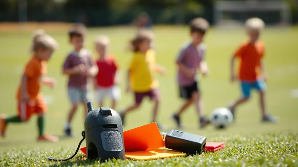 Imagen genérica de un silbato y tarjetas de árbitro sobre un campo de fútbol.
