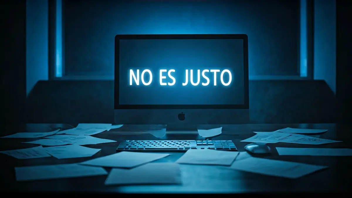 Imagen de un monitor de ordenador en una oficina oscura con el mensaje 'No es justo' y papeles en el suelo.