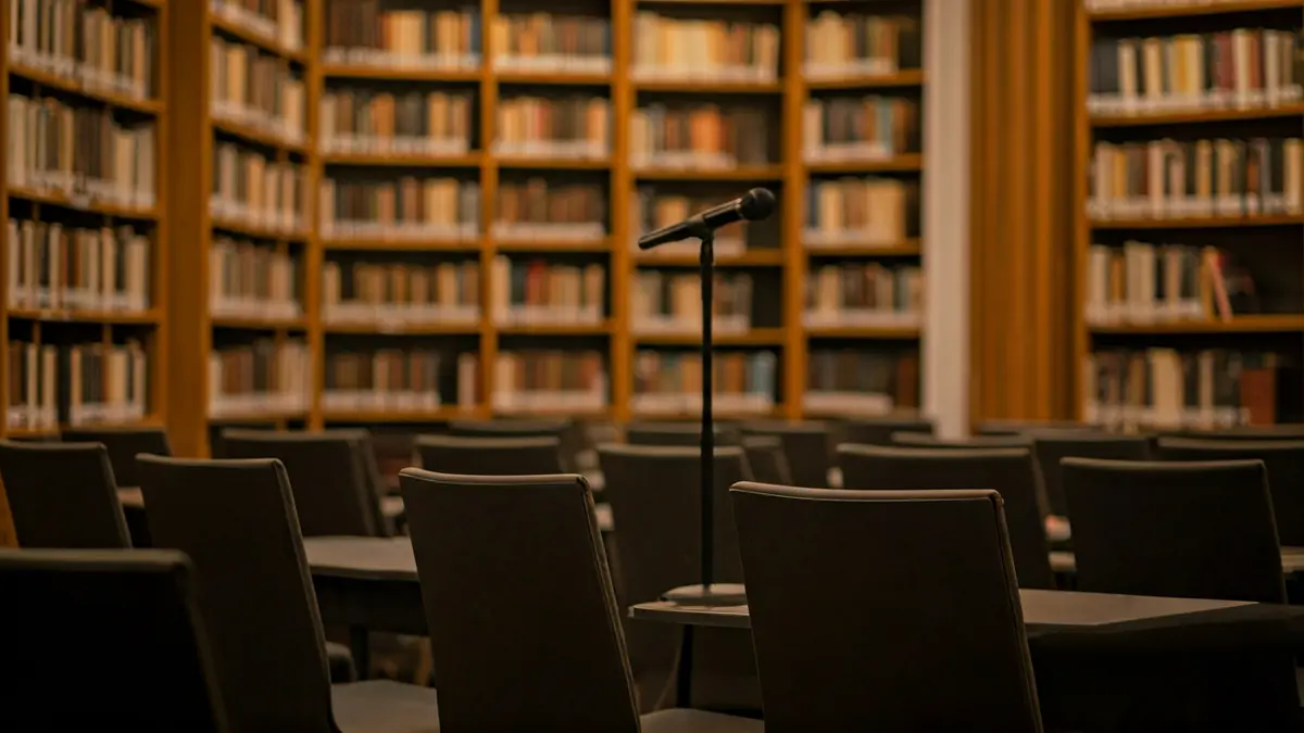 Generic image of a library interior with a podium and chairs, warmly lit.