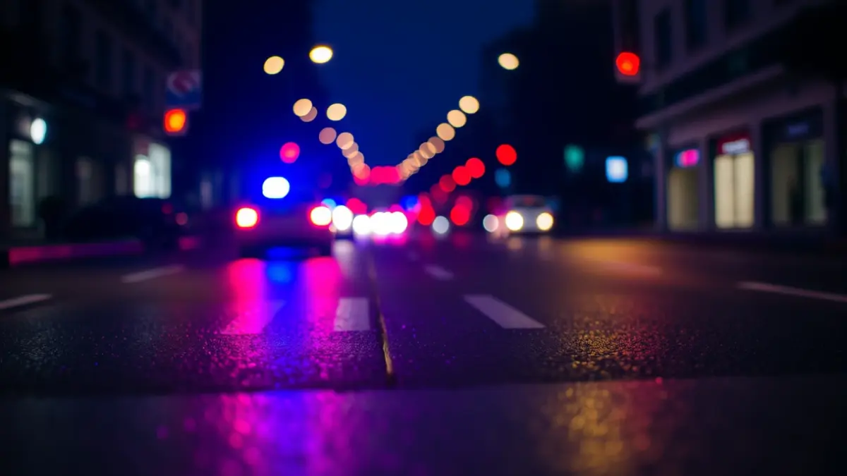 Generic image of emergency lights on wet city asphalt.