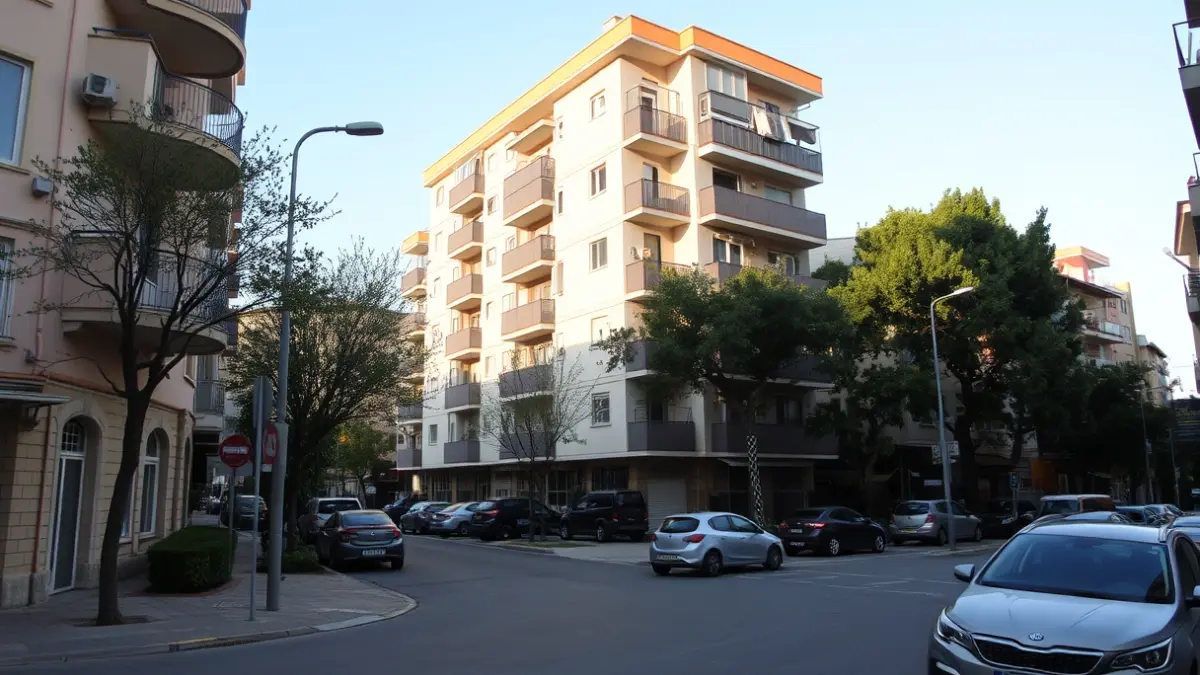 Image of a residential street in Colmenar Viejo, with an apartment building in the background.