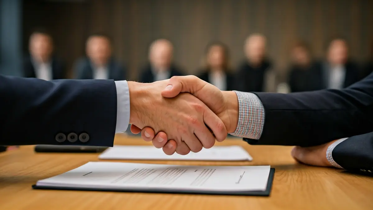Imagen genérica de dos manos estrechándose sobre un escritorio con documentos borrosos, simbolizando un acuerdo.