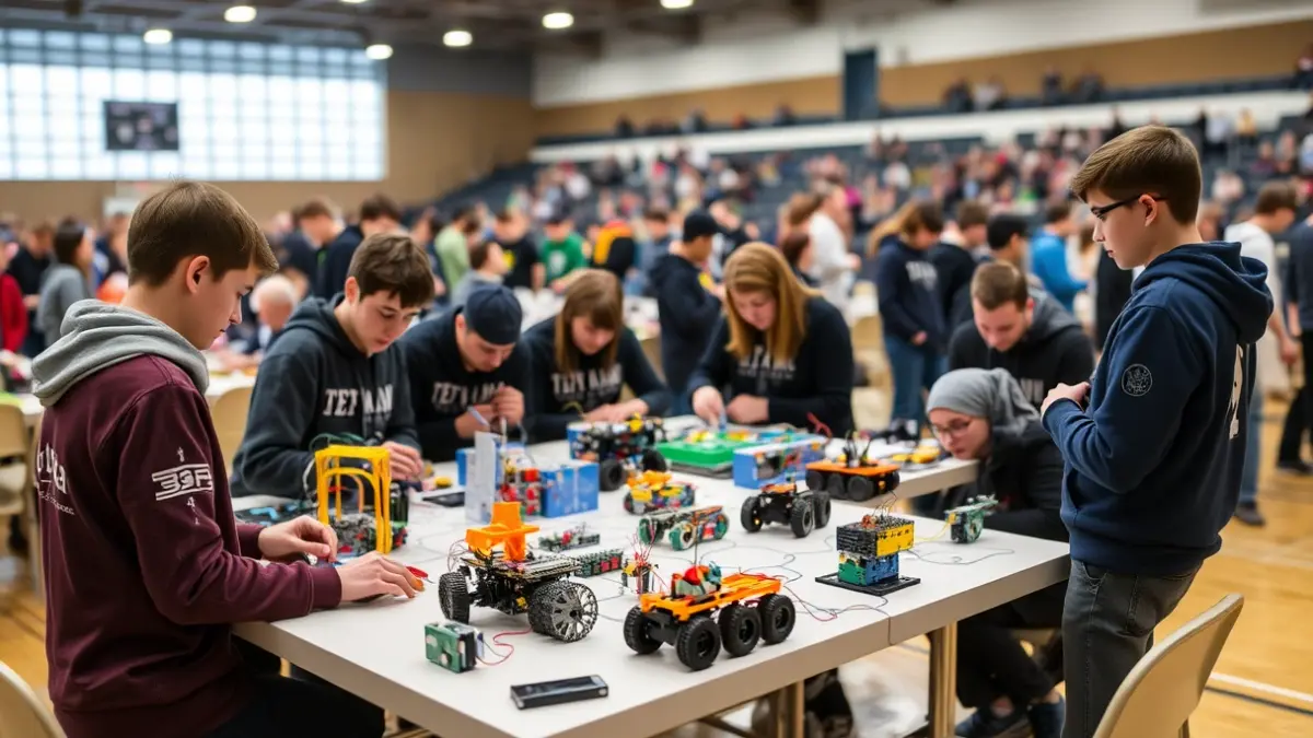 Imagen de estudiantes presentando proyectos de robótica en un pabellón deportivo.