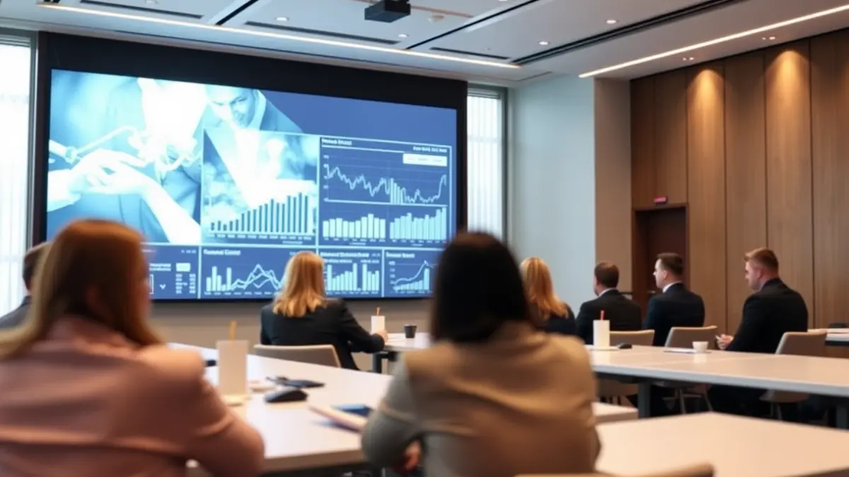 Imagen de un foro sobre innovación en servicios sociales con pantallas y asistentes.