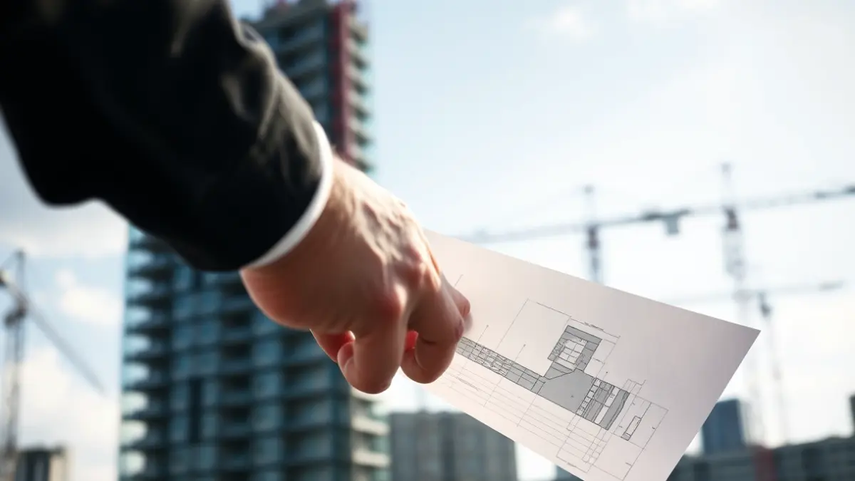 Generic image of an architectural blueprint with industrial buildings in the background, symbolizing investment and development.