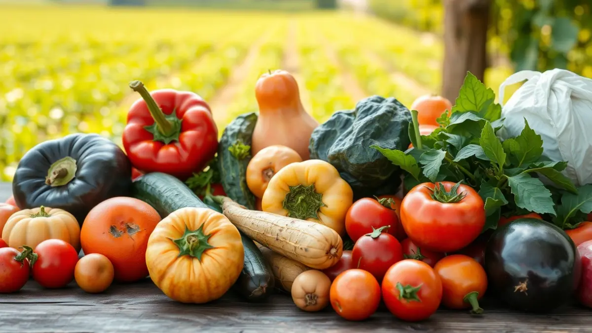 Generic image of fresh vegetables and fruits on a wooden table, with an agricultural field in the background.