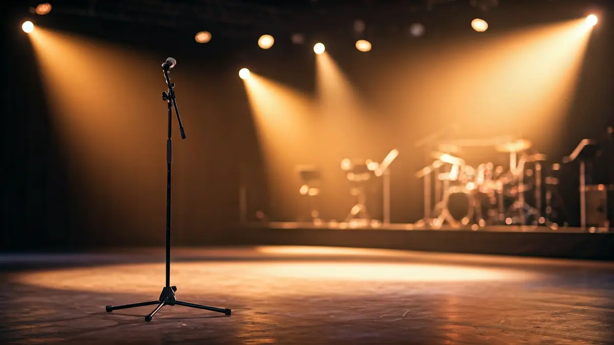 Generic image of a stage with spotlights and a microphone, evoking a talent show.