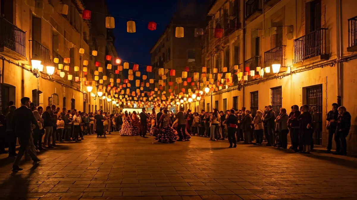 Imagen de la Plaza de España de Fuenlabrada decorada para la Feria de Abril, con personas bailando sevillanas.