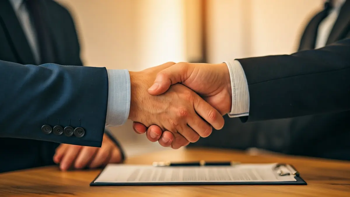 Generic image of two people shaking hands in an office setting, symbolizing business support.