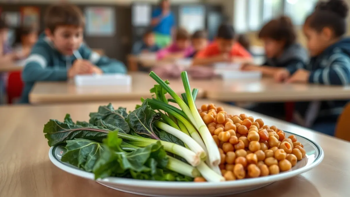 Imagen de un plato de comida saludable con verduras frescas en un comedor escolar.