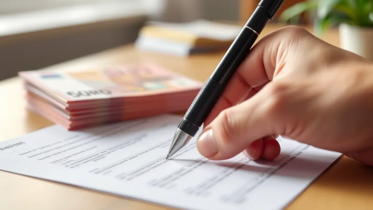 Generic image of a hand filling out a form, with euro banknotes in the background, symbolizing financial aid.