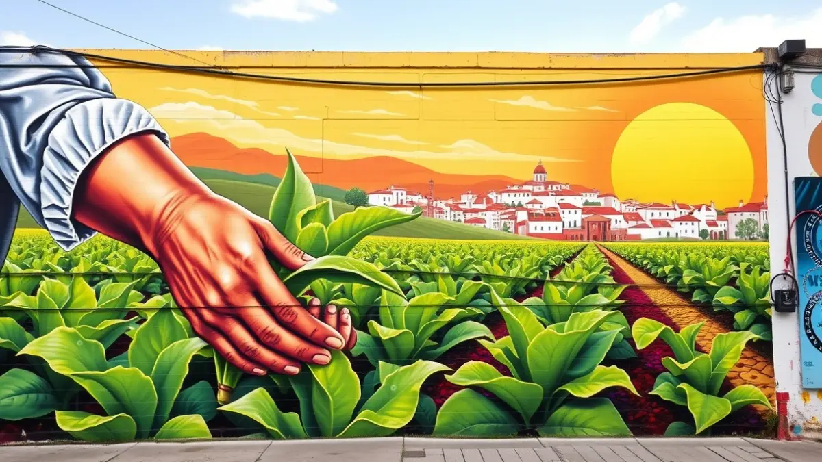 Artistic mural in Fuenlabrada paying tribute to local agriculture and a gardener known as Acero.