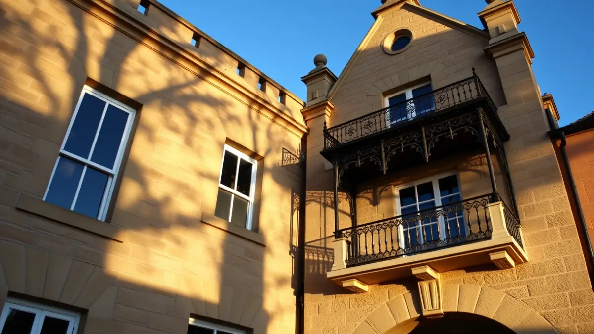 Facade of Fuenlabrada town hall with balcony and iron railings, under warm afternoon sunlight.