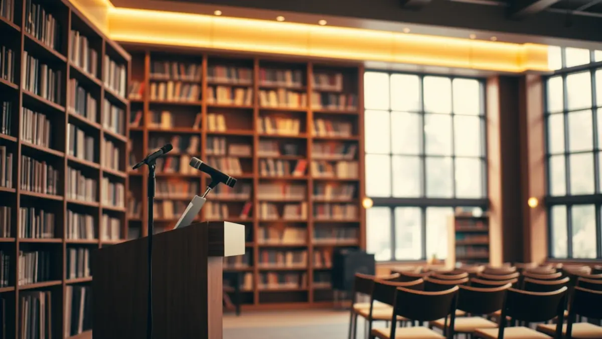 Generic image of a theater or concert hall, with a microphone on stage and empty seats.