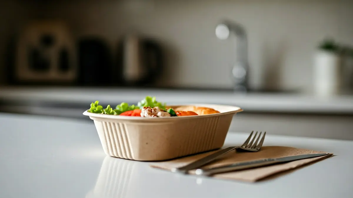 Generic image of a home-delivered meal, with a prepared dish in a disposable container.