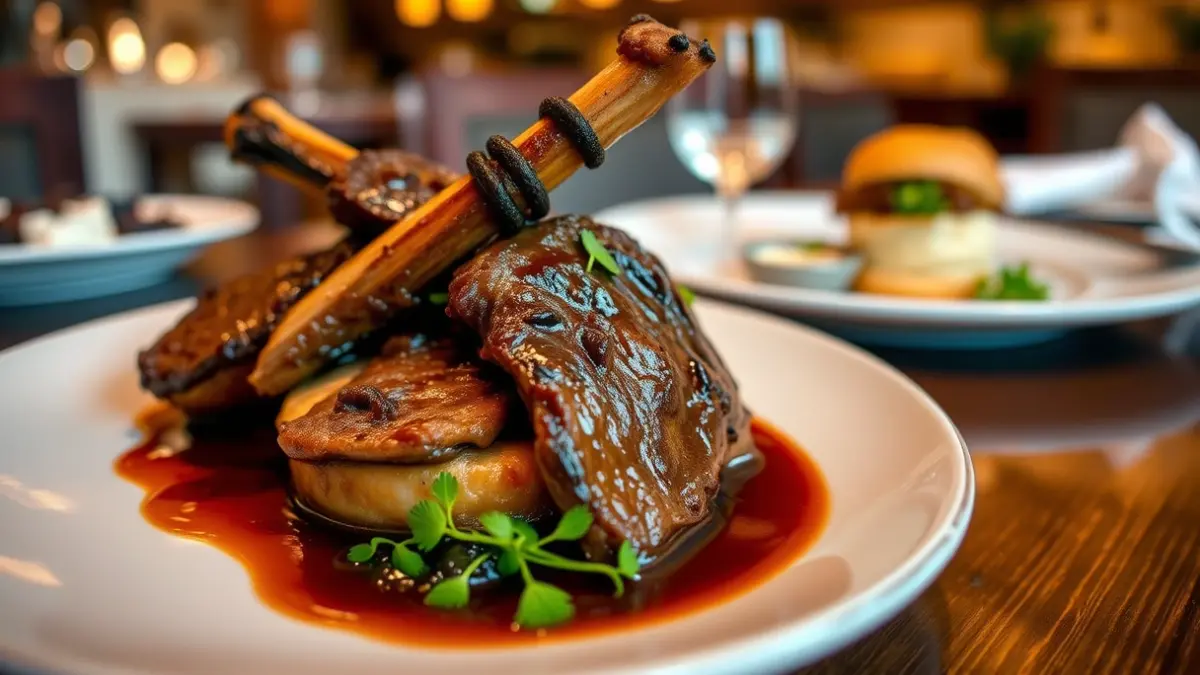 Imagen de un plato de rabo de toro reinventado, con una presentación moderna y sofisticada.