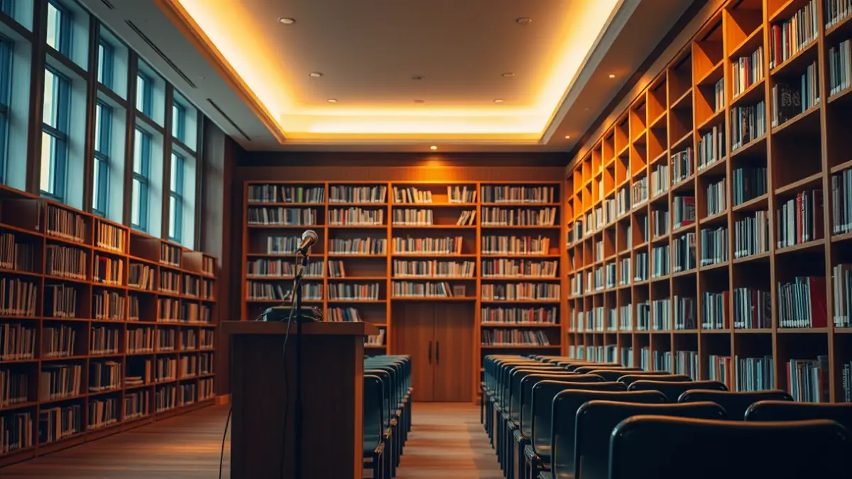 Generic image of a library with wooden bookshelves and a podium with a microphone.