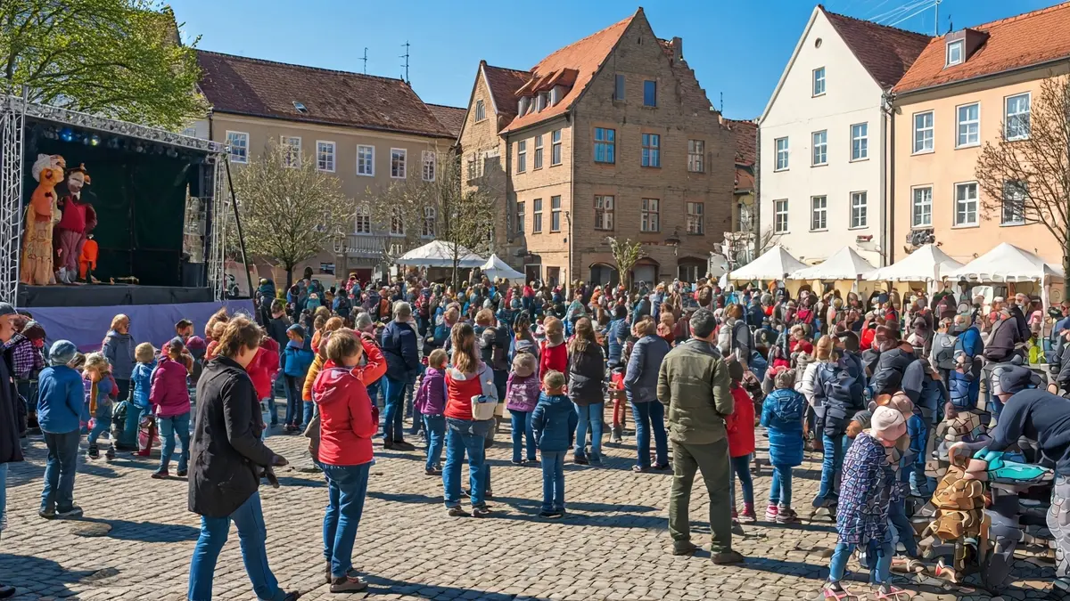 Imagen de una plaza festiva con niños y talleres, promoviendo el reciclaje.