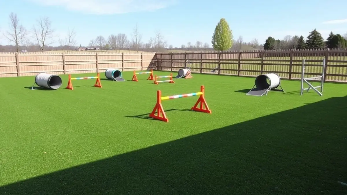 Image of a dog park with agility elements and a wooden fence.
