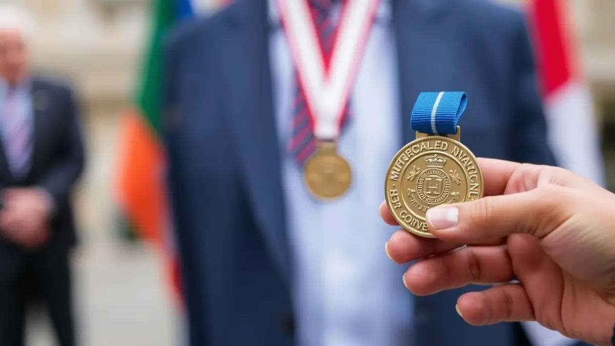 Image of a medal being presented at an official ceremony.