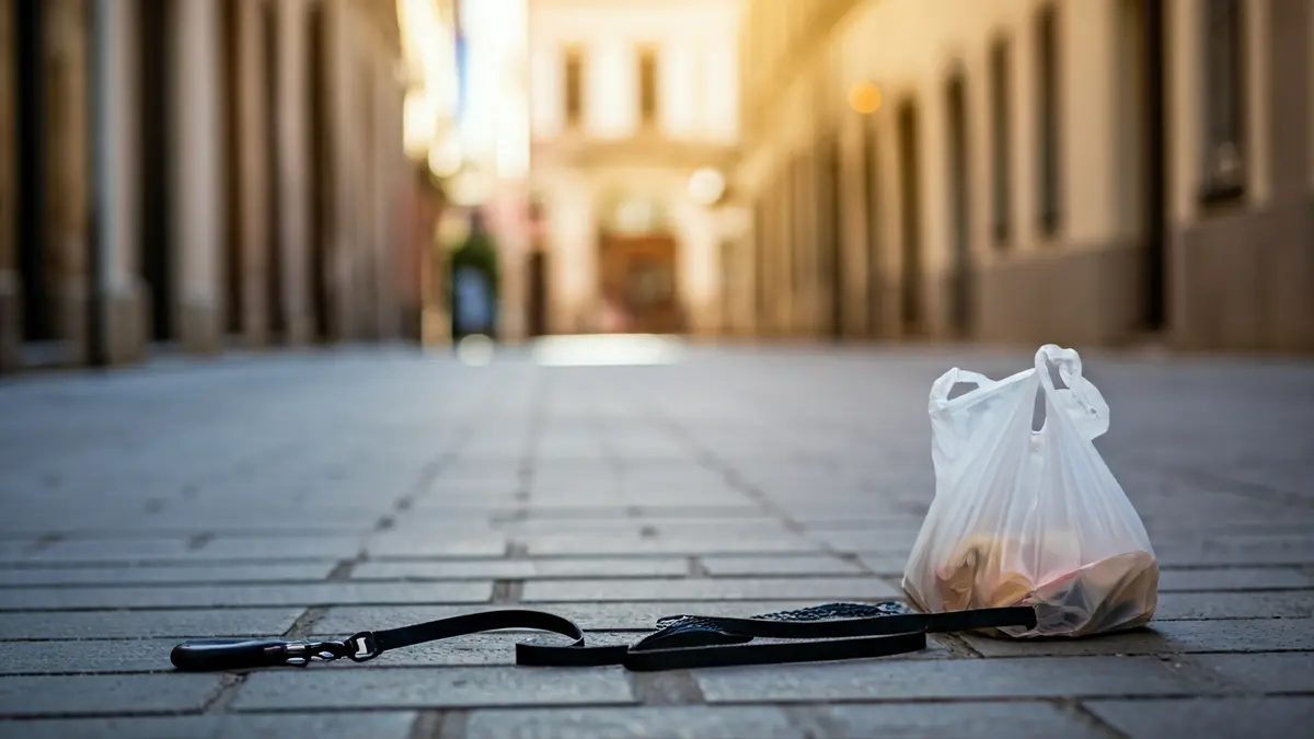 Imagen genérica de una correa de perro y una bolsa de plástico en una acera limpia.