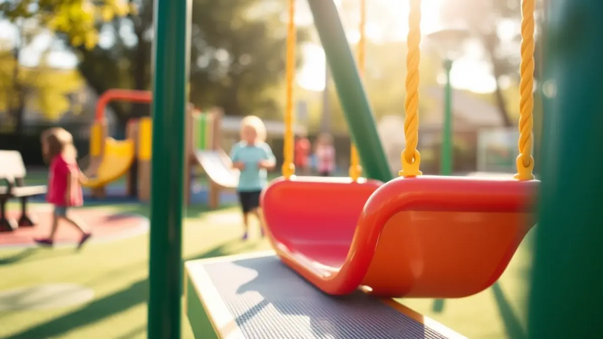 Generic image of an inclusive swing with an accessible ramp in a children's park.