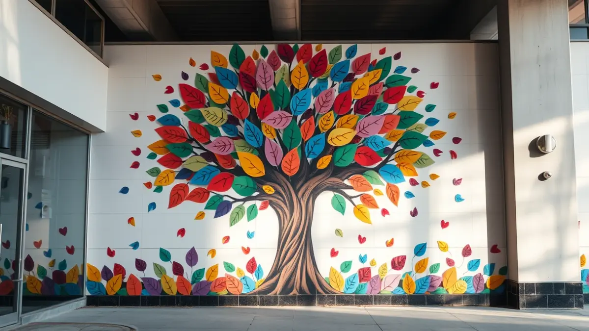 Image of a collective mural with a tree and colorful leaves, symbolizing inclusion.