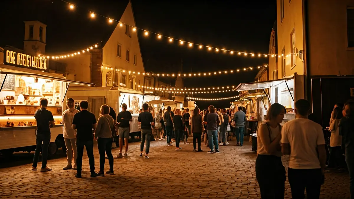 Generic image of an outdoor food festival with food trucks and people enjoying.