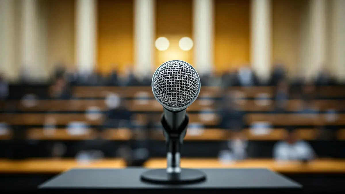 Generic image of a microphone on a podium, symbolizing political debate.