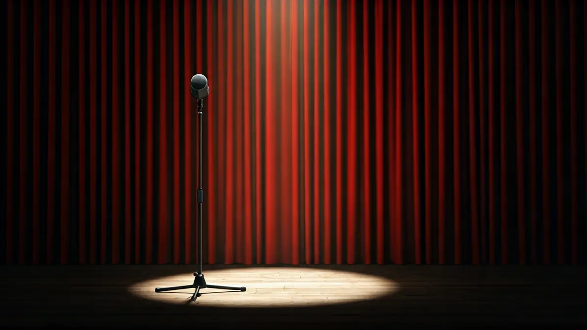 Generic image of a theatrical stage with a microphone and red curtains.