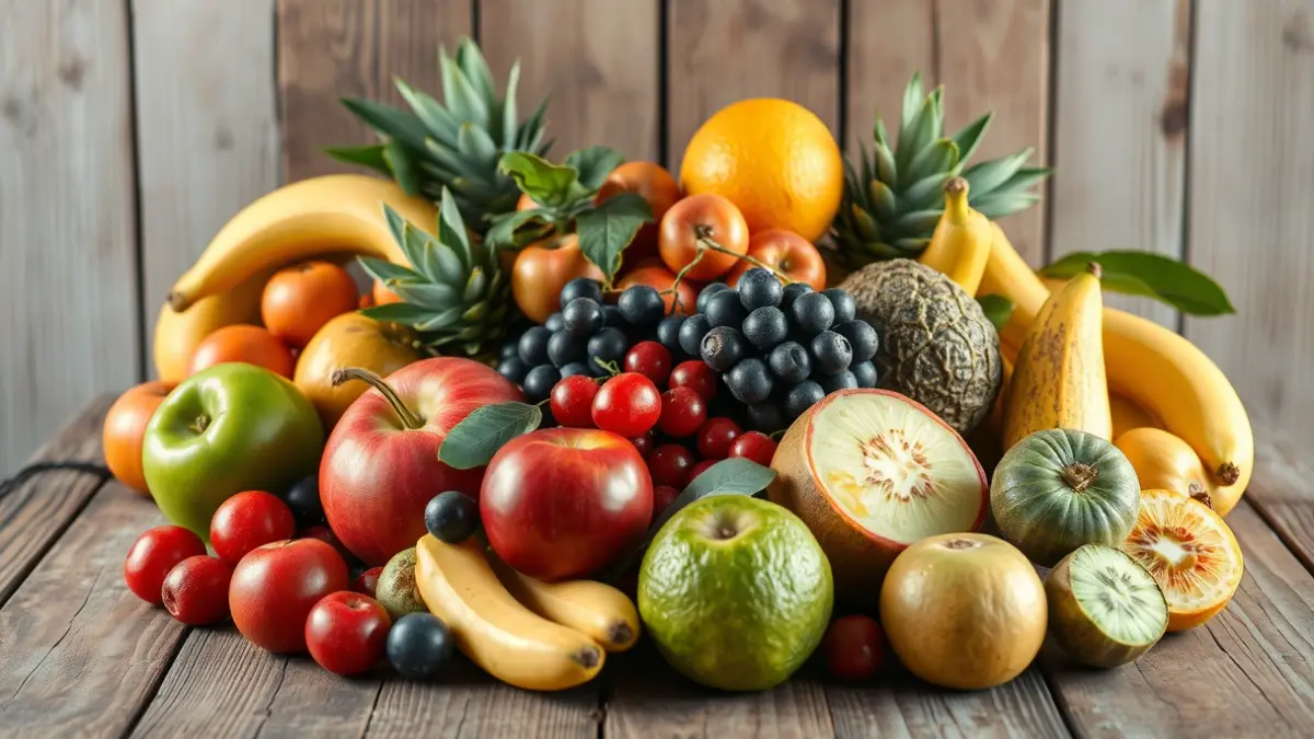 Imagen genérica de frutas frescas sobre una mesa de madera, simbolizando alimentación saludable y sostenibilidad.