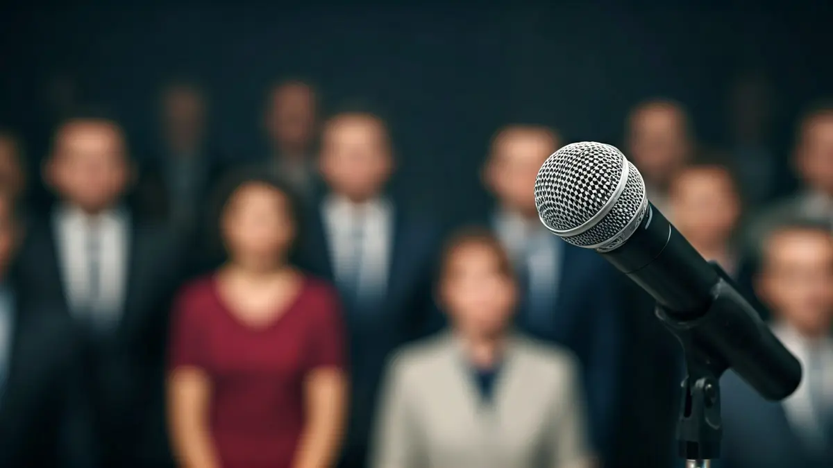 Generic image of a microphone on a podium, symbolizing a political speech or press conference.