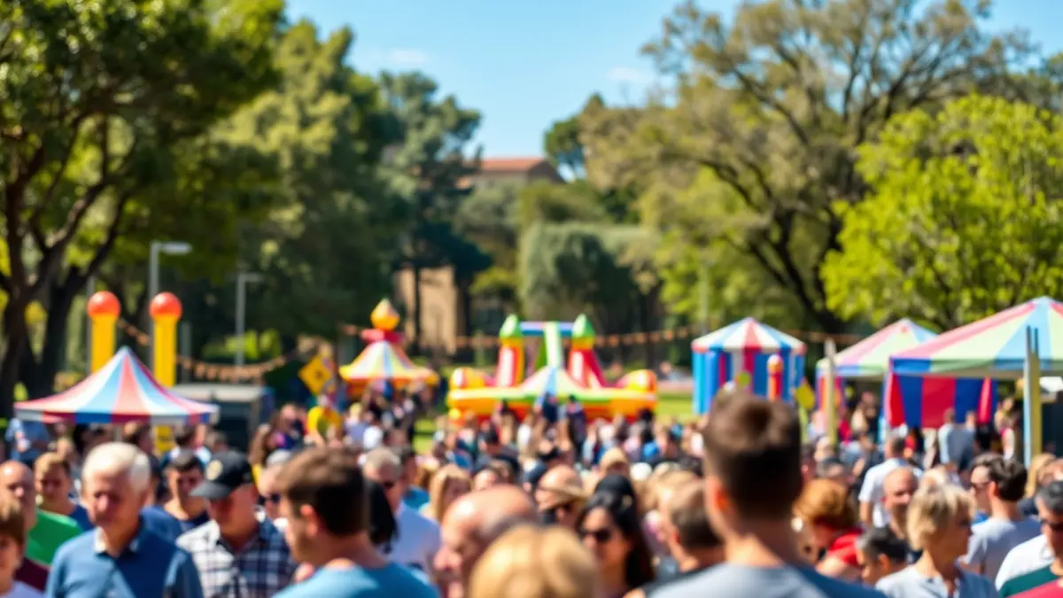 Image of a park with people celebrating, with inflatables and shaded areas.