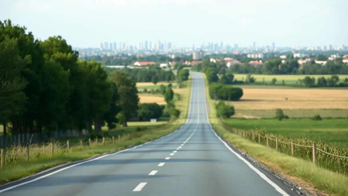 Imagen de una carretera rural que conecta con una zona urbana, simbolizando la movilidad y la infraestructura.