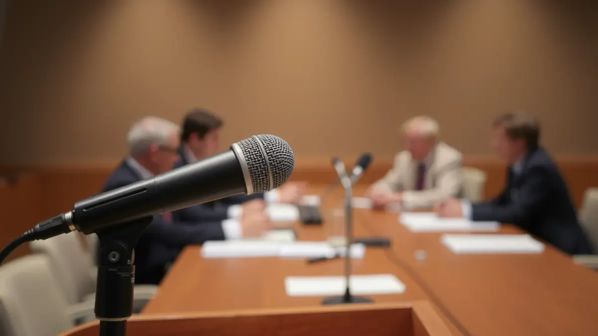Generic image of a microphone on a podium, symbolizing a meeting or negotiation.