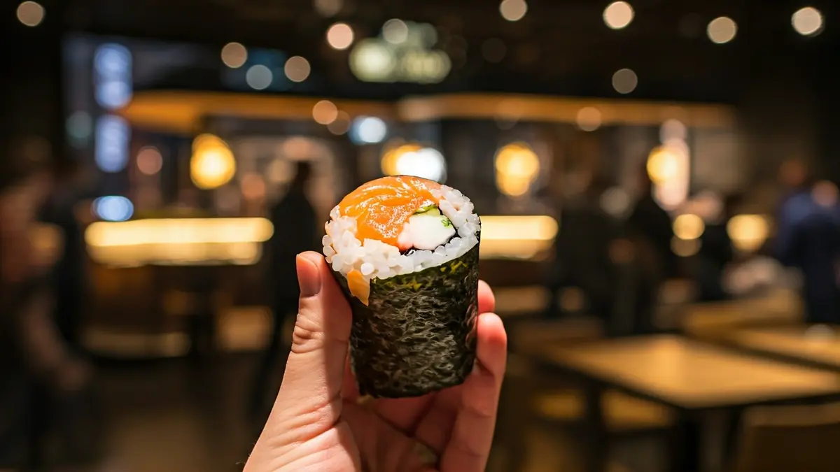 Imagen genérica de un sushi handroll en un entorno urbano moderno.