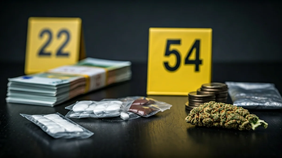 Imagen genérica de drogas incautadas y dinero en efectivo.