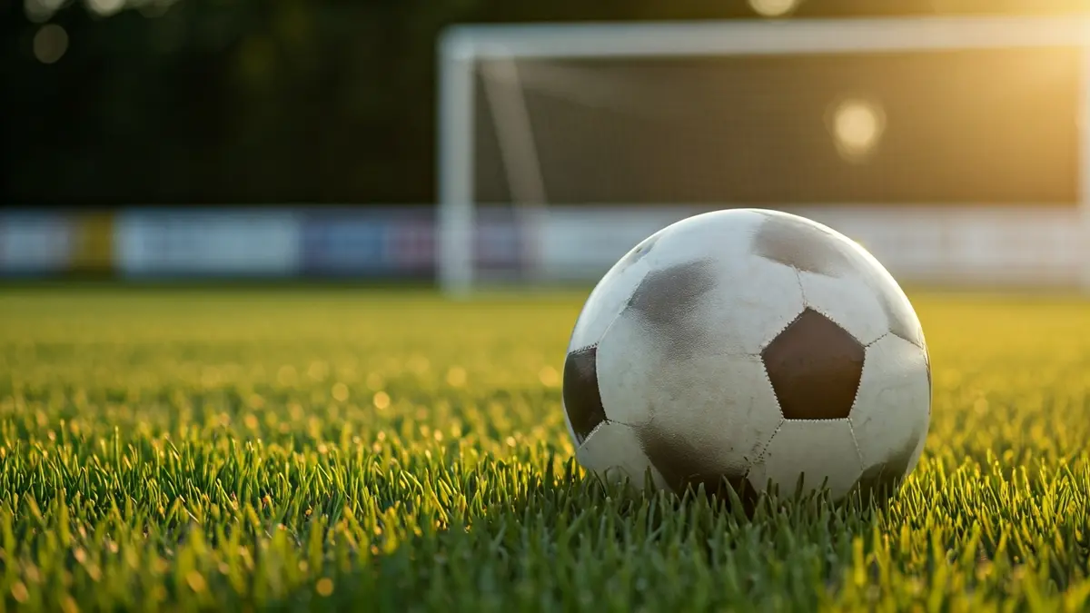 Generic image of a soccer ball on grass, with a blurred goal in the background.