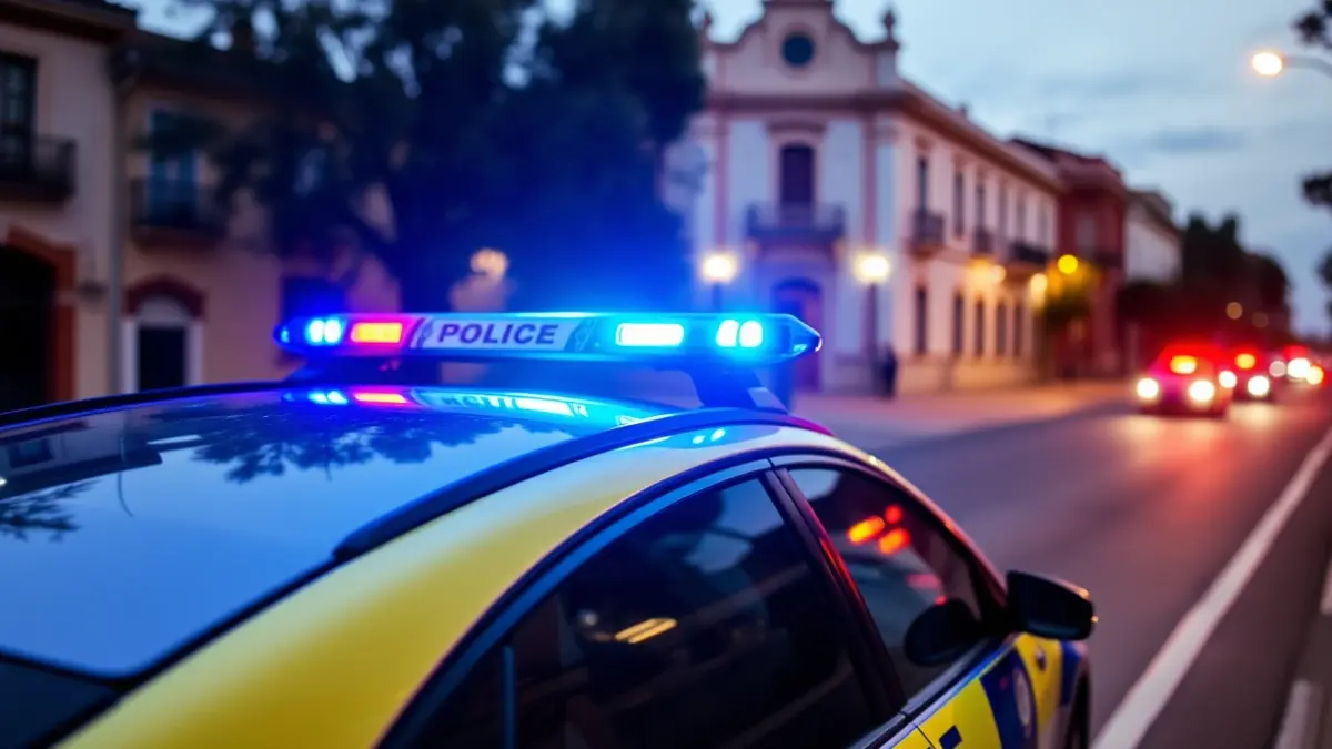 Imagen genérica de un coche de policía con luces encendidas en una calle de un pueblo español al anochecer.