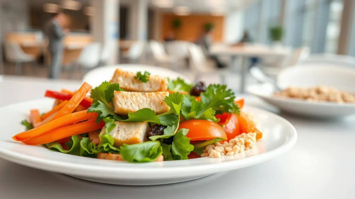 Imagen genérica de un plato de comida saludable en un entorno de oficina.